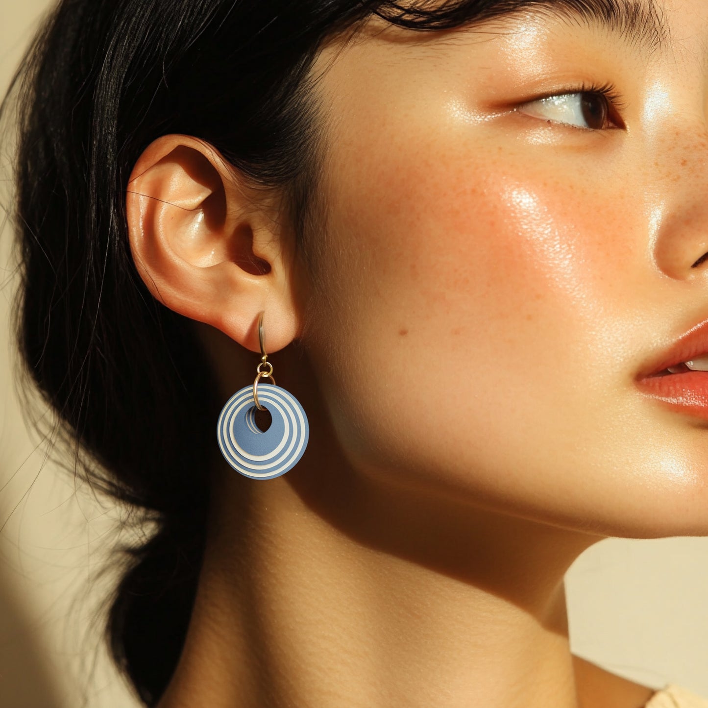 Blue & Cream Stripey Circular Earrings