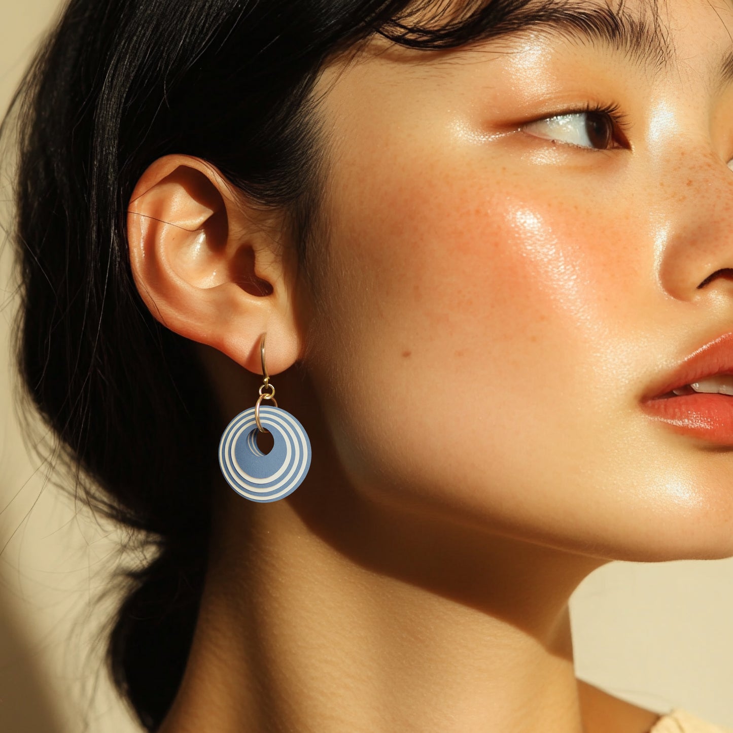 Blue & Cream Stripey Circular Earrings